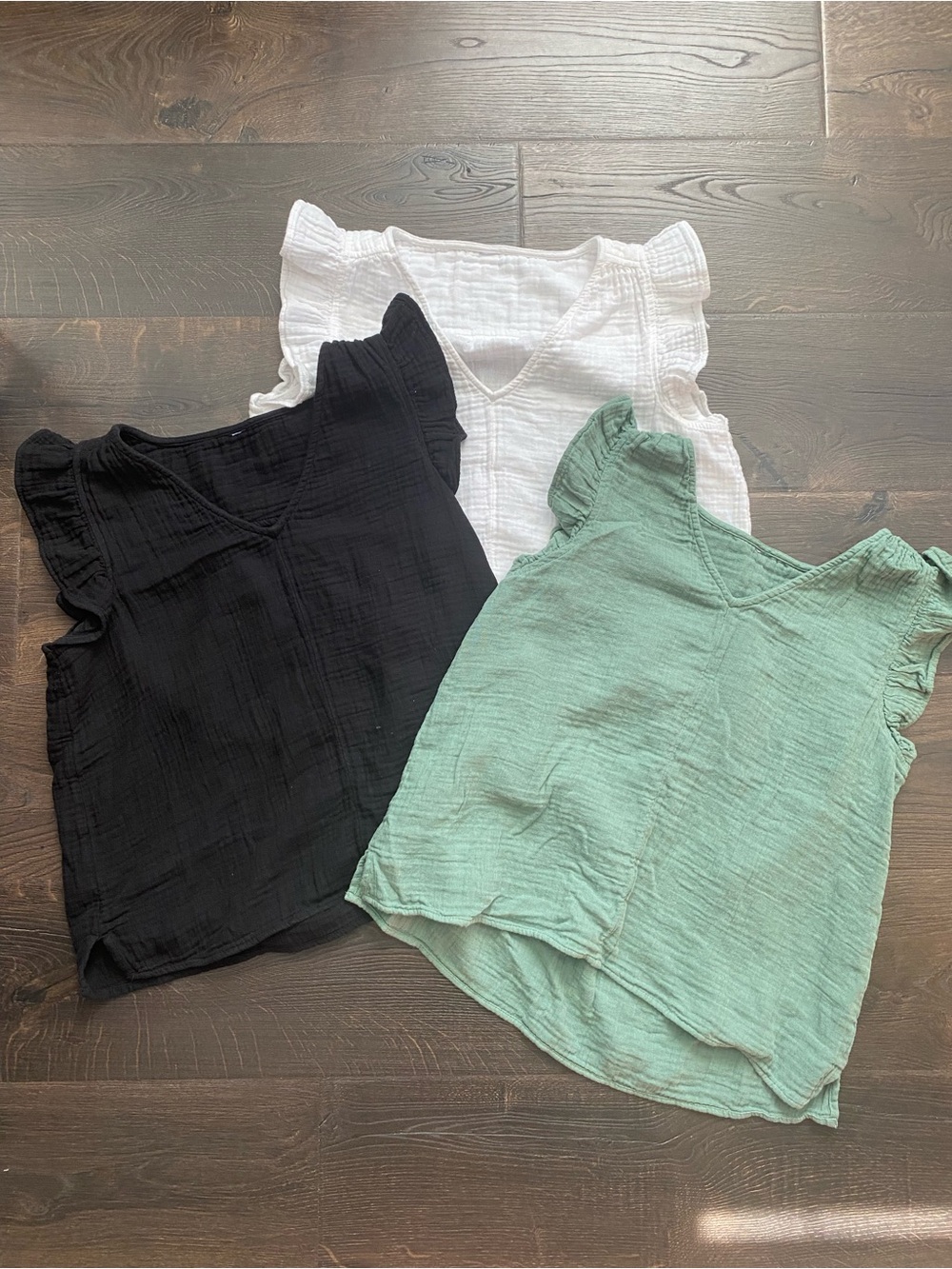 3 Pc Boho Gauze Blouse Bundle Black White Sage Green Ruffle V Neck Size M